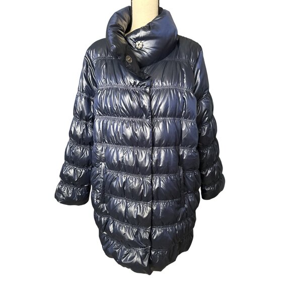 Eileen Fisher Puffer Navy Blue Snap Coat Asymmetrical Button Front Mid Length 1X - Picture 1 of 7